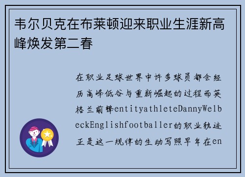 韦尔贝克在布莱顿迎来职业生涯新高峰焕发第二春 韦尔贝克在布莱顿迎来职业生涯新高峰焕发第二春